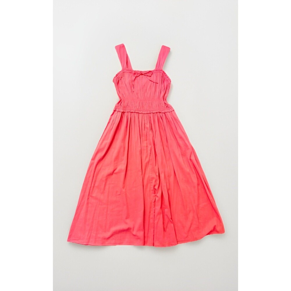 GAP Bright Coral Pink Smocked Sundress Pockets Cotton Blend Summer Dress Size L - Picture 2 of 12